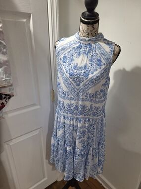 Calvin Klein White and Blue High-Neck Floral Mini Dress